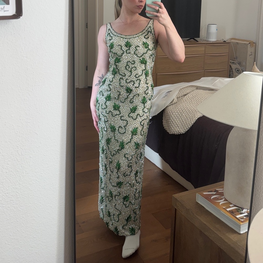 Green and White Floral Knit Maxi Dress - Women